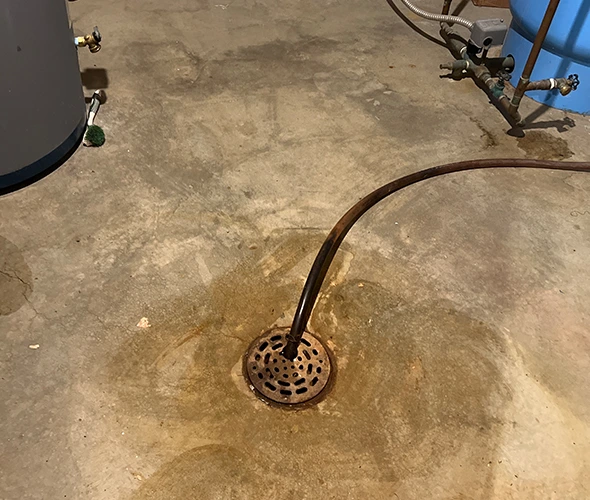 Image of water draining in a basement, symbolizing dependable drain cleaning and repair services.
