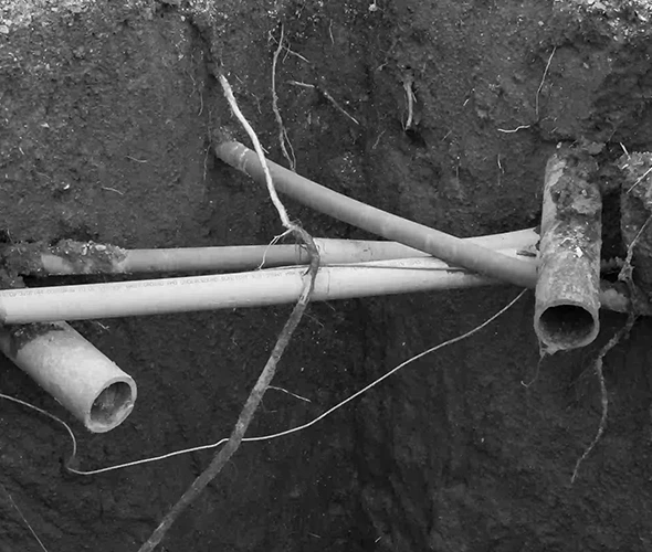 Monochrome photo of pipes in the ground, emphasizing reliable underground main line repair services.