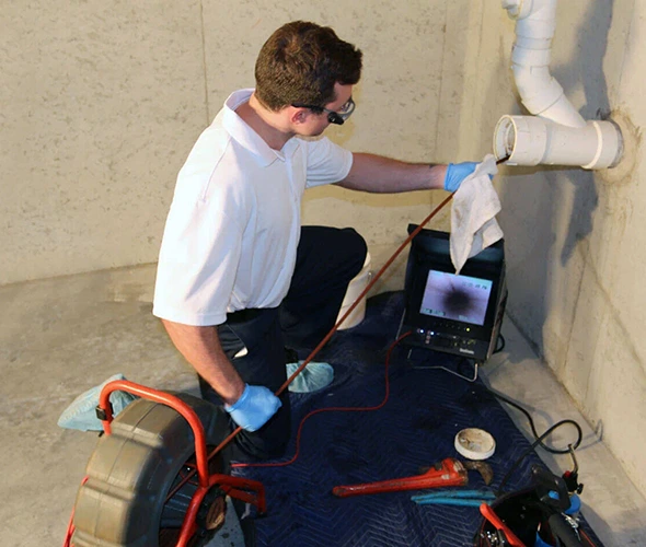 A technician in a white shirt and blue gloves vacuums a pipe, showcasing professional sewer camera inspection services.