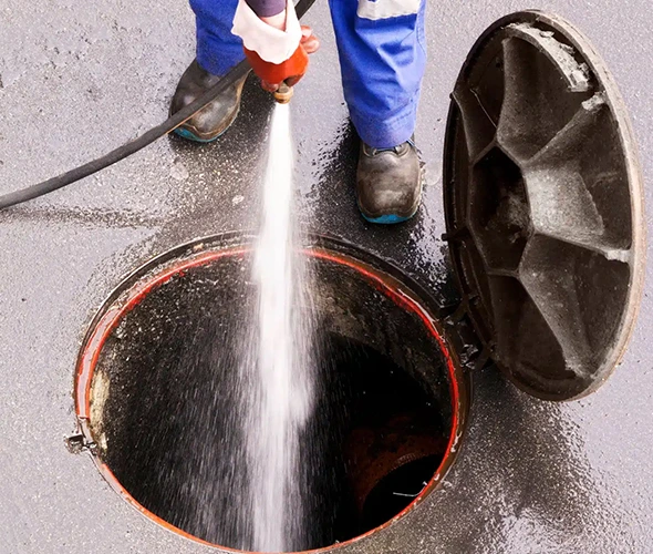 Man using a hose to clean a drain, showcasing professional water jet drain cleaning services.