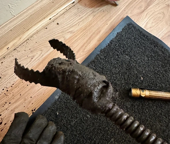 A worker using a tool to remove a clog from a sewer for effective drain cleaning.