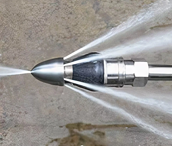 High-pressure water jet cleaning a metal surface for effective sewer jetting services.