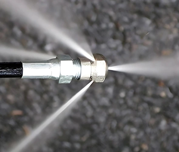 High-pressure water spray from a hose on a black surface, illustrating effective drain cleaning services.