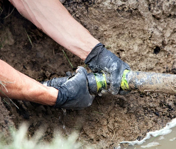 A technician using a pipe to clear a blockage, highlighting expert commercial sewer line repair solutions.
